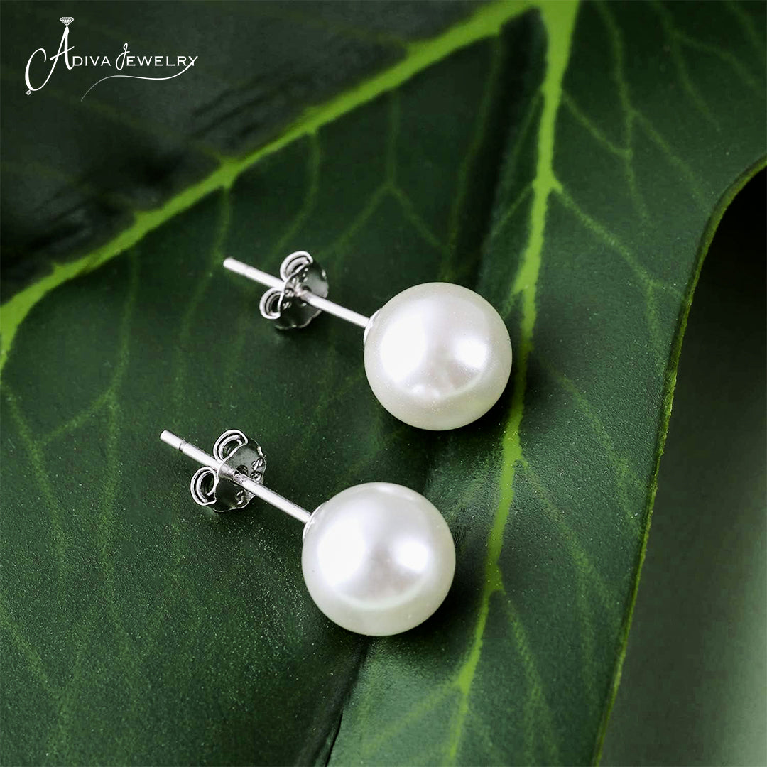Classic Gold Plated Sterling Silver Round White Simulated Pearl Stud Earrings