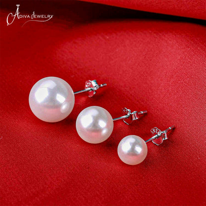 Classic Gold Plated Sterling Silver Round White Simulated Pearl Stud Earrings