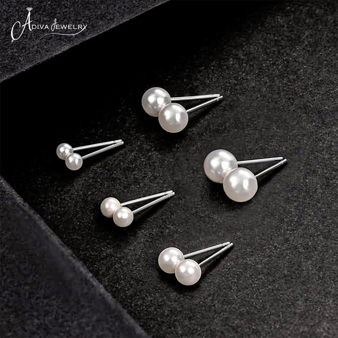 Classic Gold Plated Sterling Silver Round White Simulated Pearl Stud Earrings