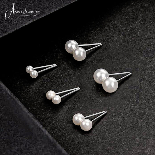 Classic Gold Plated Sterling Silver Round White Simulated Pearl Stud Earrings