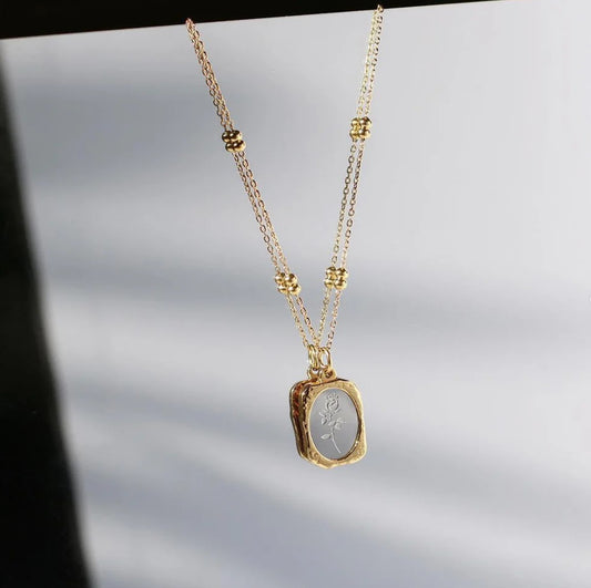 Gold Foil Silver Rose Flower - Necklace