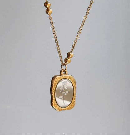 Gold Foil Silver Rose Flower - Necklace