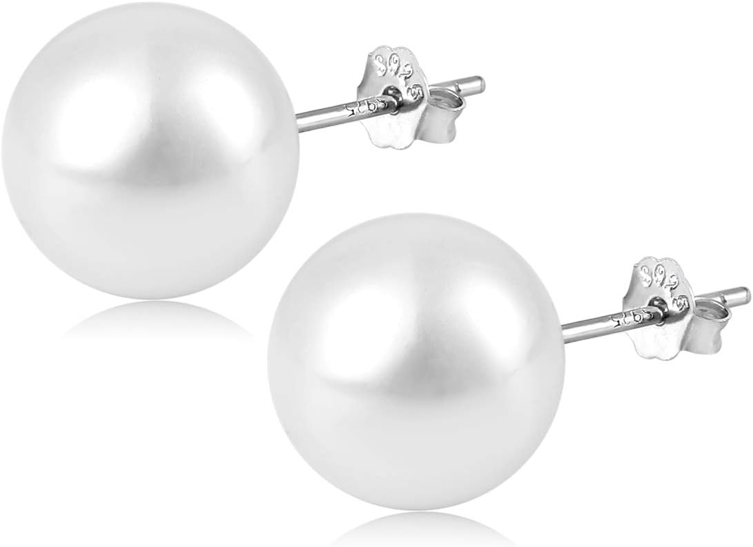 Classic Gold Plated Sterling Silver Round White Simulated Pearl Stud Earrings