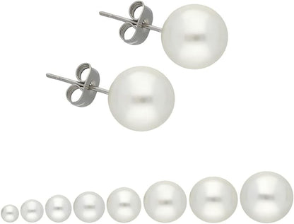 Classic Gold Plated Sterling Silver Round White Simulated Pearl Stud Earrings
